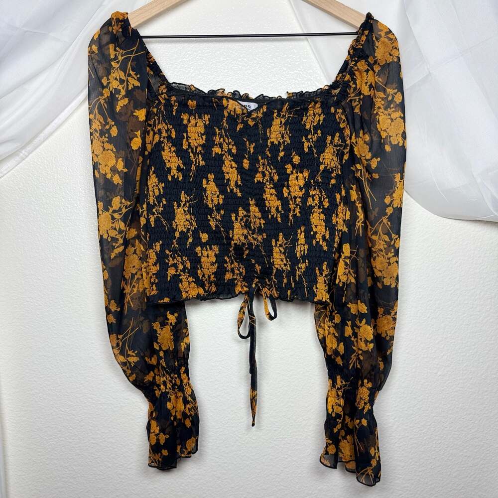 Europa The Label Floral Cinched Front Smocked Back Long Sheer Sleeve Crop Top
